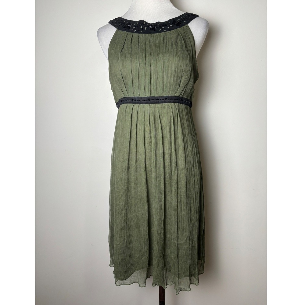 Muse Green Silk Forest Fairy Midi Dress 10 Sleeveless Beaded Dark Romantic